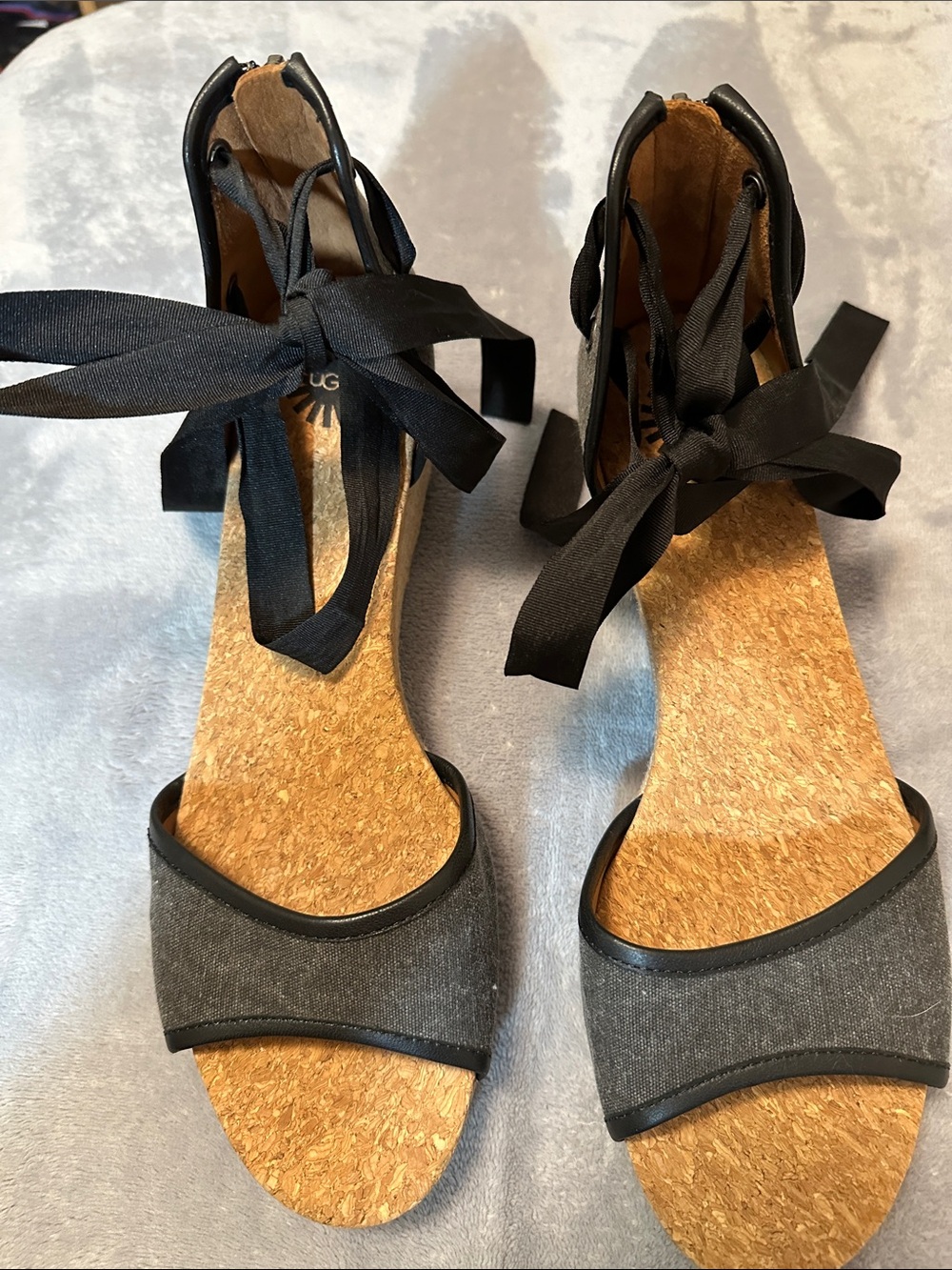 UGG Black Fabric Ankle-Tie Cork Wedges